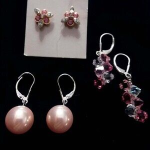 Pink earrings ballet girly feminine pastel 3 pair sterling Avon